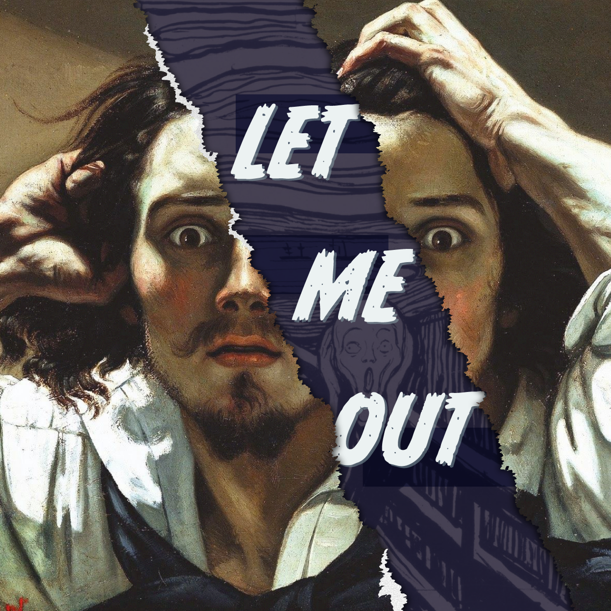 Playlist cover featuring a torn self-portrait of Courbet holding his head, overlaying The Scream by Munch